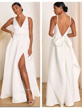 NWT Lulu’s Blissfully Beloved Ivory Backless A-Line Bow Maxi Dress Sz: M
